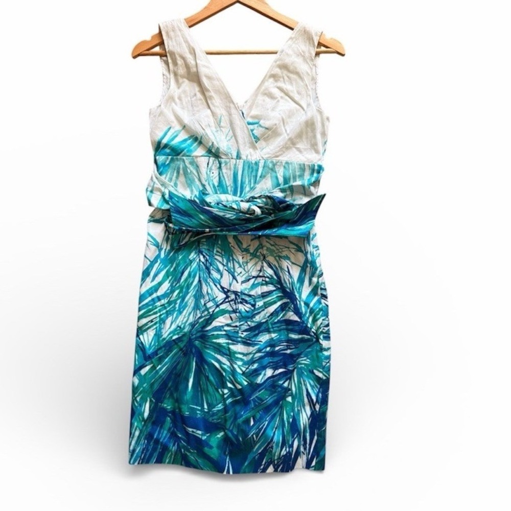 Max Mara Linen Dress Womens 2 Tropical Palm Leaf Blue White Bow EUC
